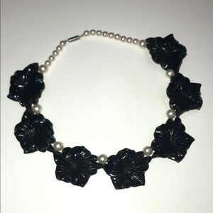 Vintage Black Floral Statement Necklace with Pearl Beads
